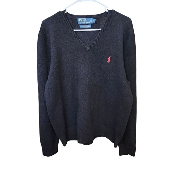 Polo Ralph Lauren men's black v-neck‎ lambswool pullover sweater Sz LG - Picture 1 of 9